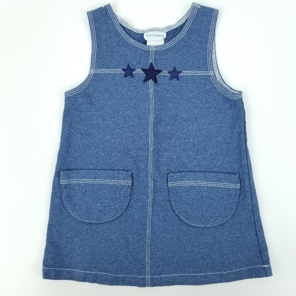 90s Rare Editions Girls 6 Embroidered Stars Blue Acrylic Stretch Jumper Dress